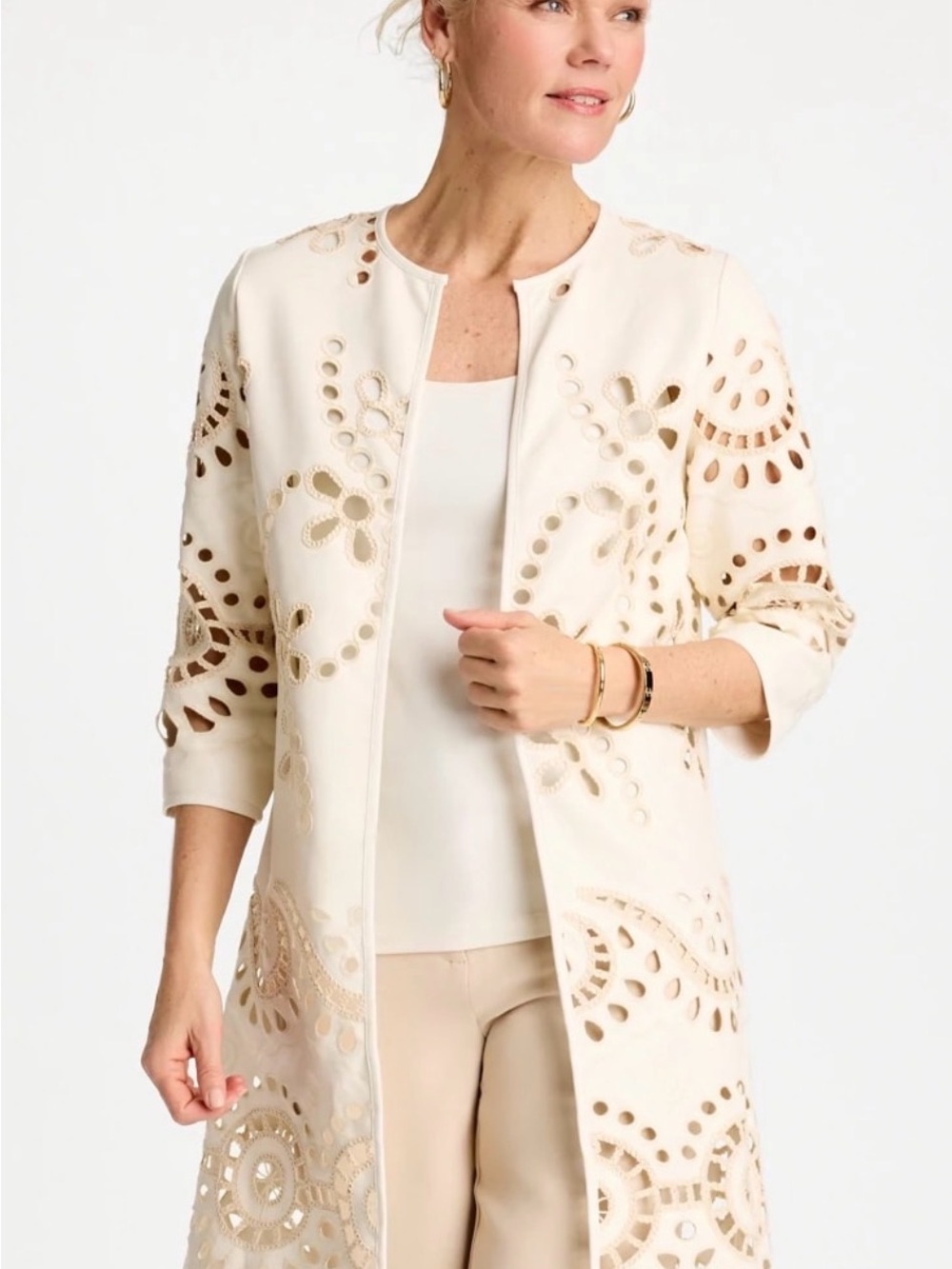 Chico's Cream Laser-Cut Long Coat